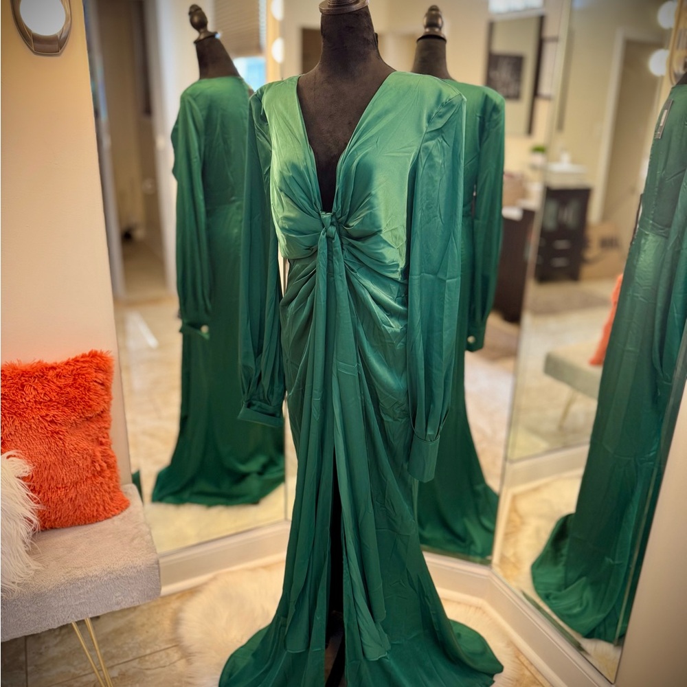 Fashion Nova Hunter Green Satin Maxi Dress